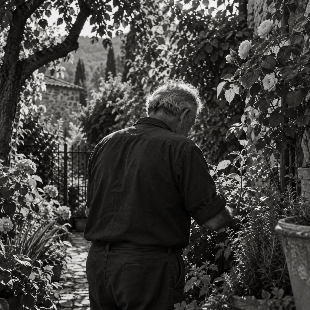 Illustrative quiet garden in evening light