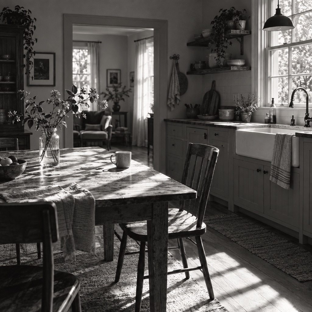Illustrative sunlit kitchen with traces of daily life